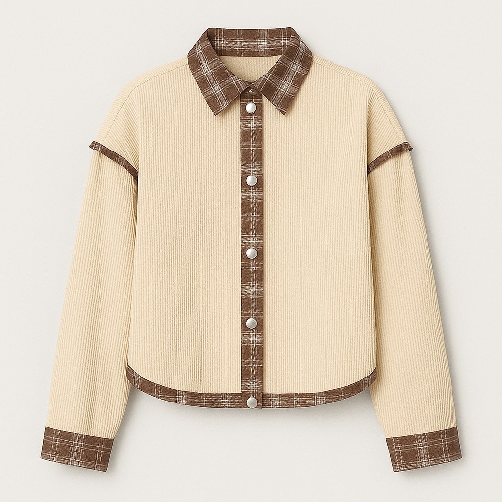 A beige corduroy jacket with plaid contrast trim on the collar, placket, cuffs, and hem, featuring a button-down front and long sleeves.