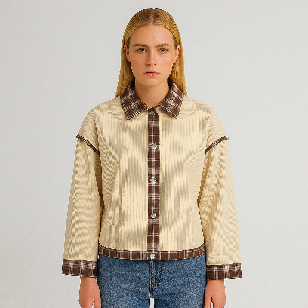 A beige corduroy jacket with plaid contrast trim on the collar, placket, cuffs, and hem, featuring a button-down front and long sleeves.
