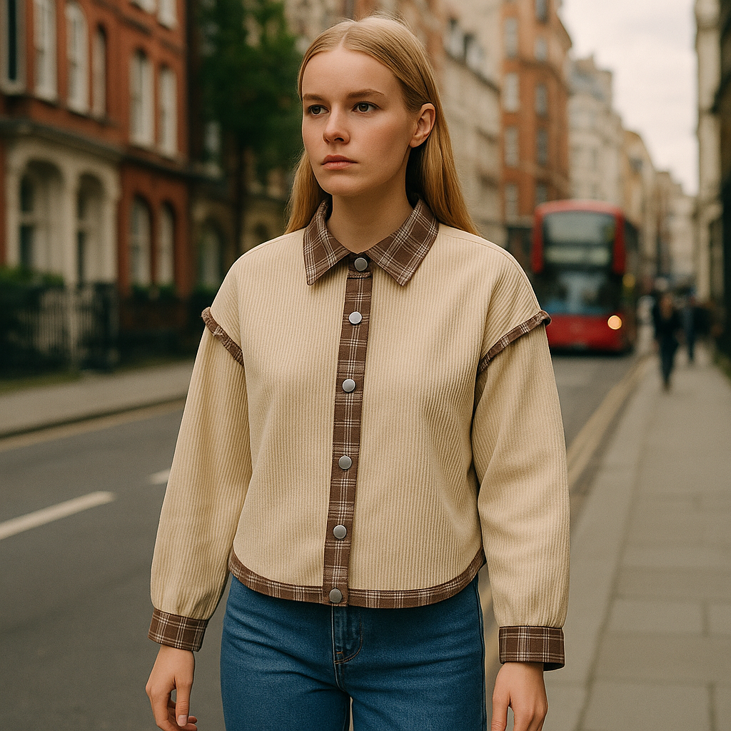 A beige corduroy jacket with plaid contrast trim on the collar, placket, cuffs, and hem, featuring a button-down front and long sleeves.