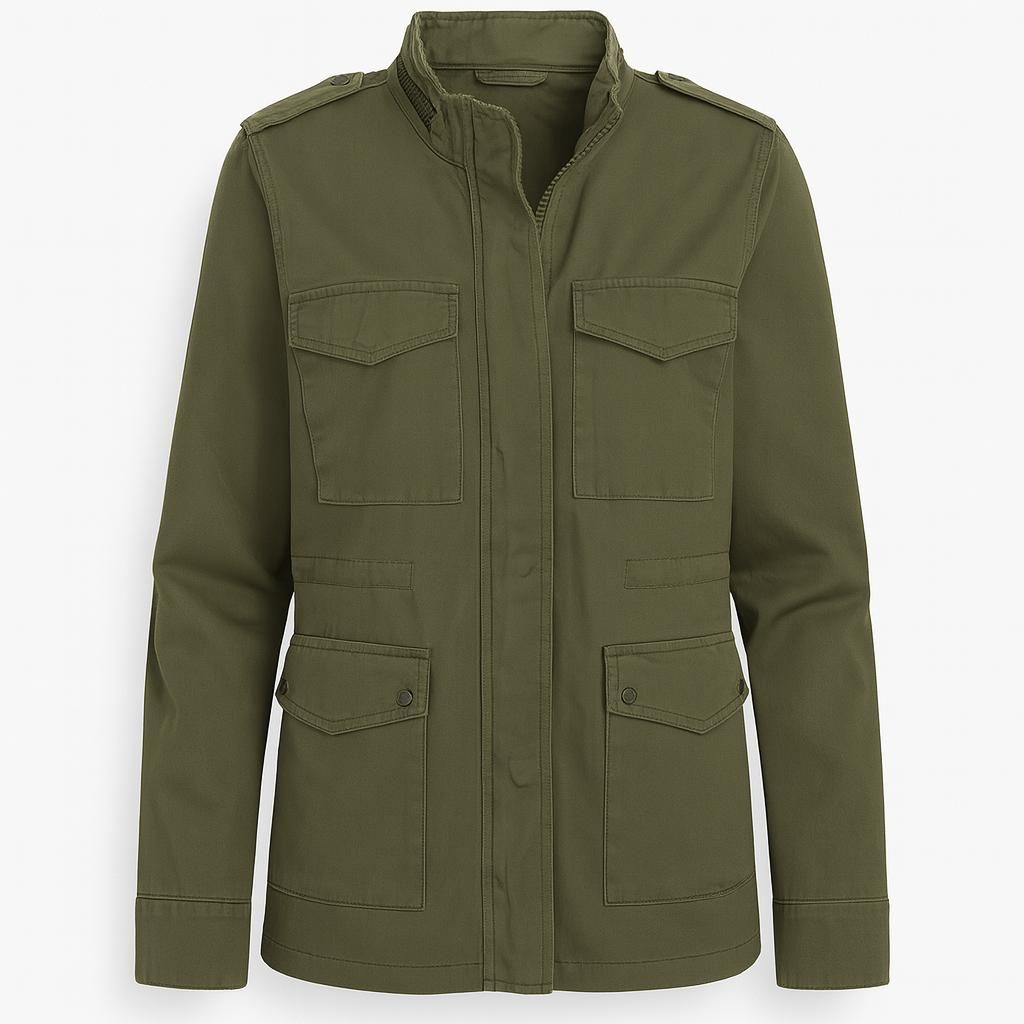A utility jacket with a front zipper and snap closure, stand collar, shoulder epaulets, long sleeves, and four front flap pockets.