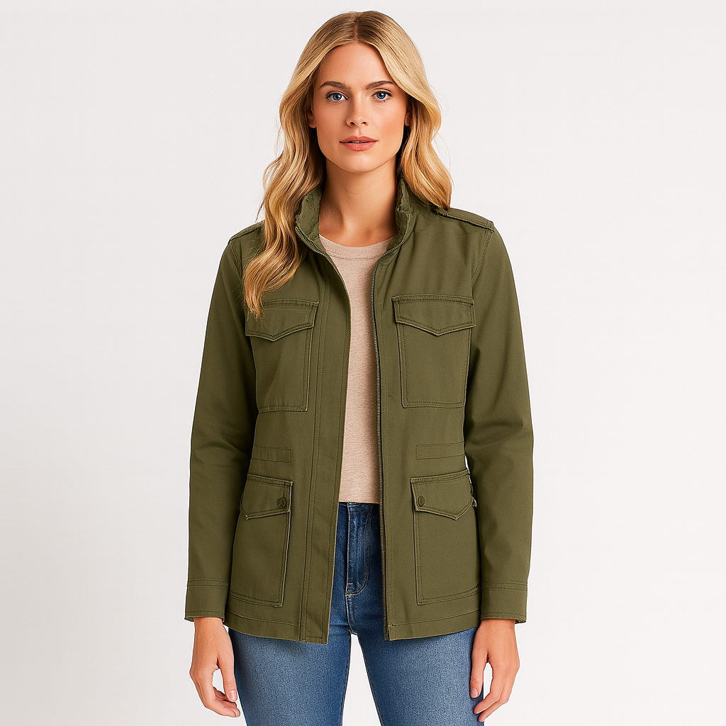 A utility jacket with a front zipper and snap closure, stand collar, shoulder epaulets, long sleeves, and four front flap pockets.