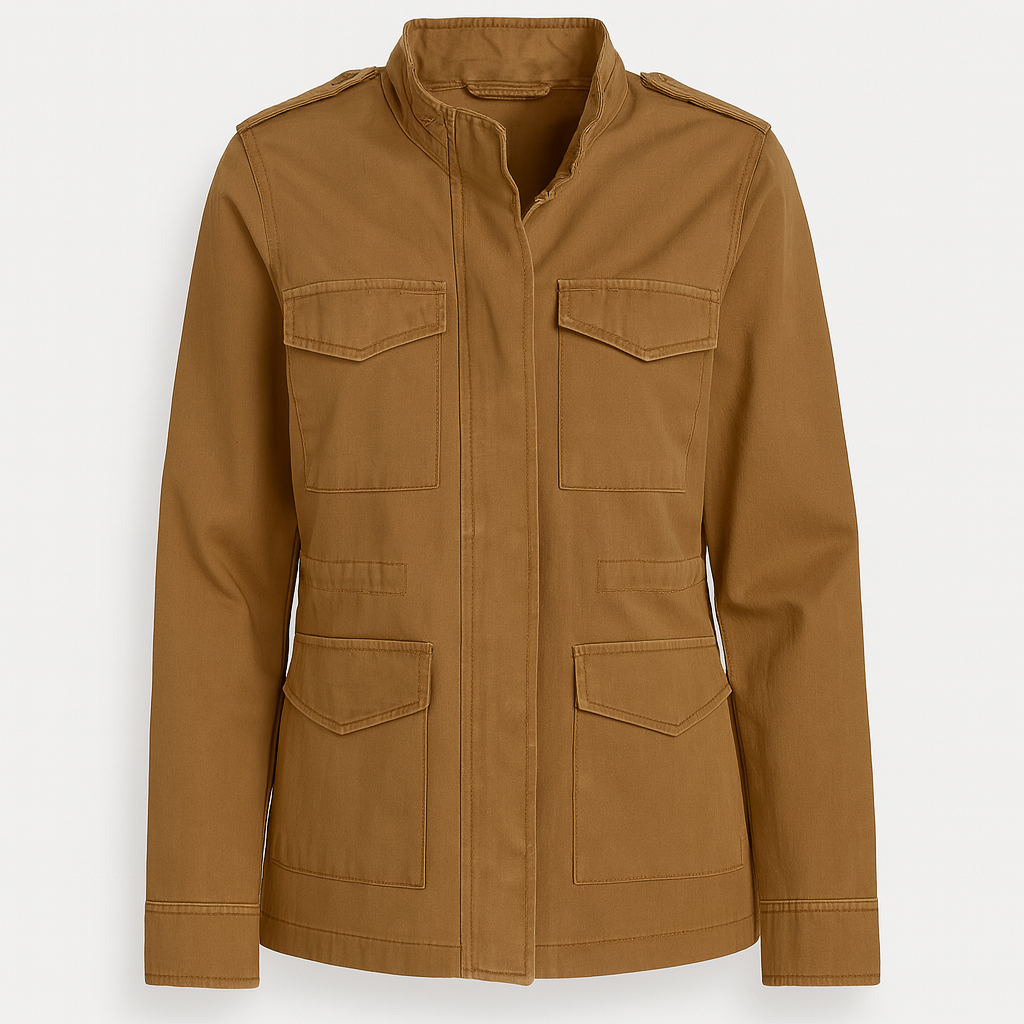A utility jacket with a front zipper and snap closure, stand collar, shoulder epaulets, long sleeves, and four front flap pockets.