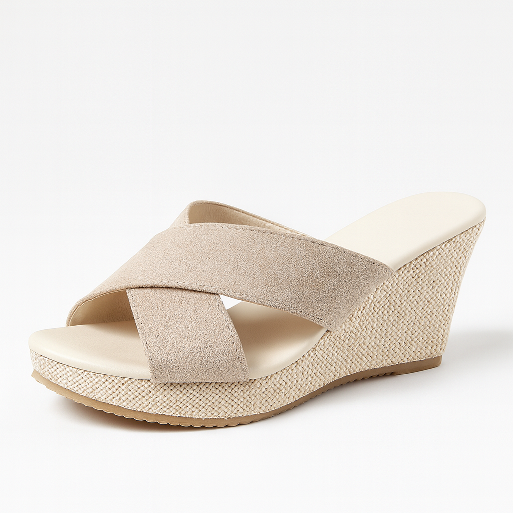 wedge sandals with crisscross fabric straps, woven-texture platform heels
