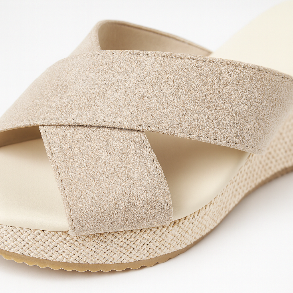 wedge sandals with crisscross fabric straps, woven-texture platform heels