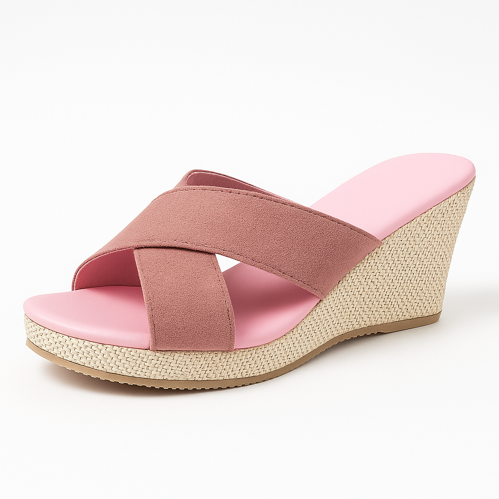 wedge sandals with crisscross fabric straps, woven-texture platform heels