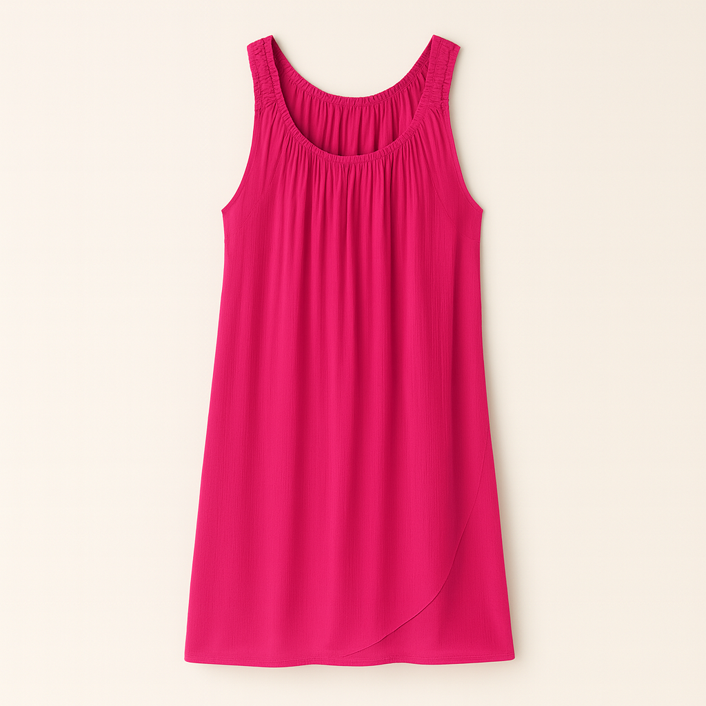 Sleeveless scoop-neck mini dress with gathered neckline and tulip-style hemline.