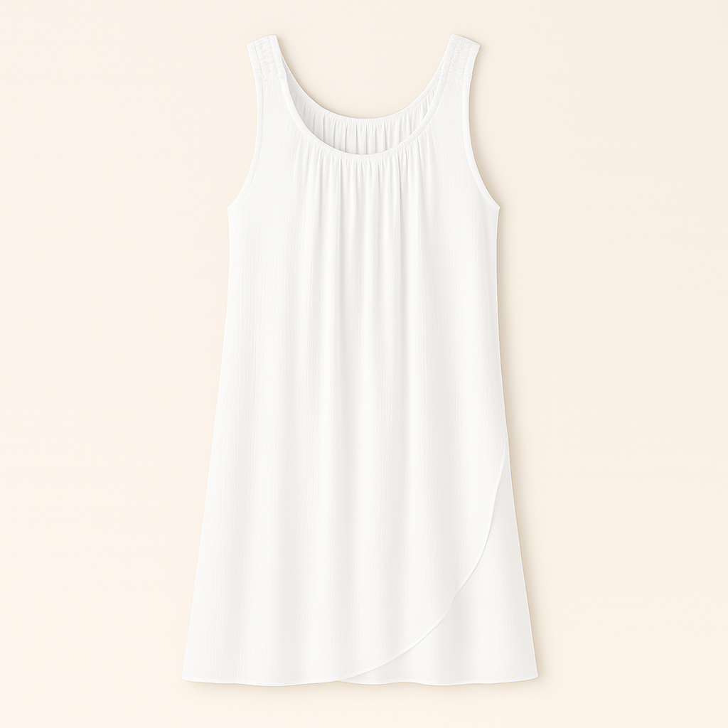 Sleeveless scoop-neck mini dress with gathered neckline and tulip-style hemline.