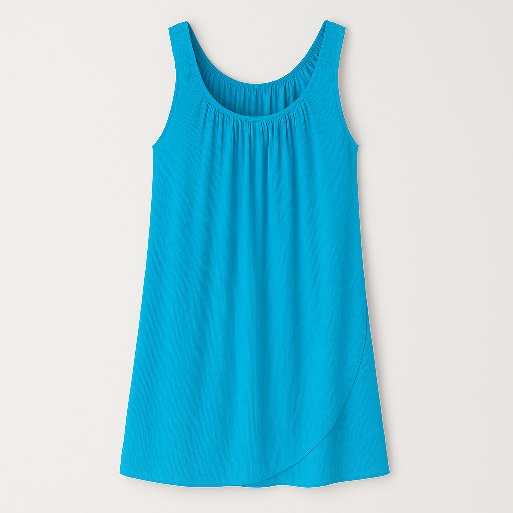 Sleeveless scoop-neck mini dress with gathered neckline and tulip-style hemline.