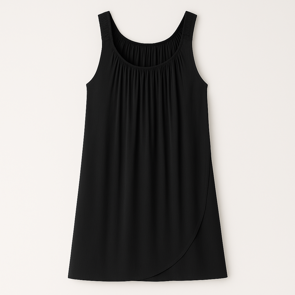 Sleeveless scoop-neck mini dress with gathered neckline and tulip-style hemline.