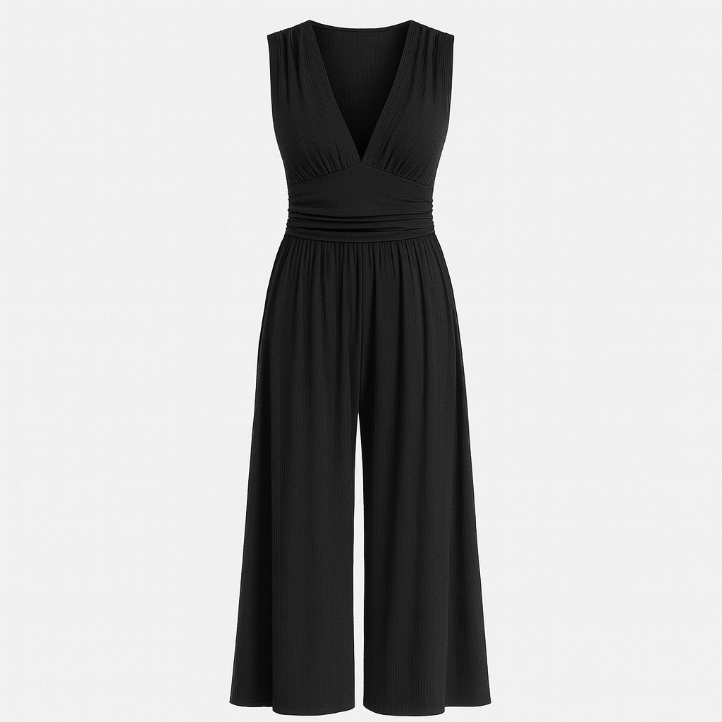 Pleated sleeveless jumpsuit with deep V-neck and wide-leg design