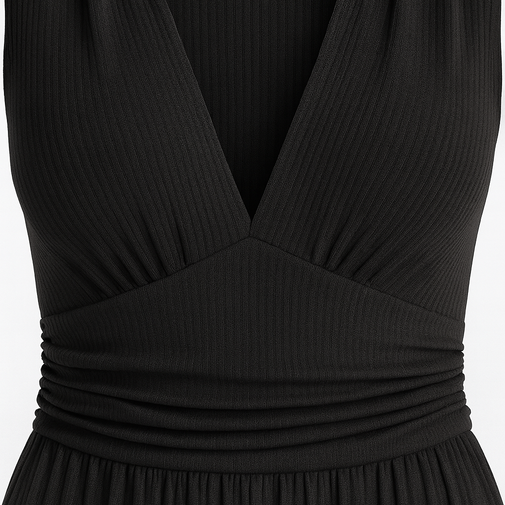 Pleated sleeveless jumpsuit with deep V-neck and wide-leg design