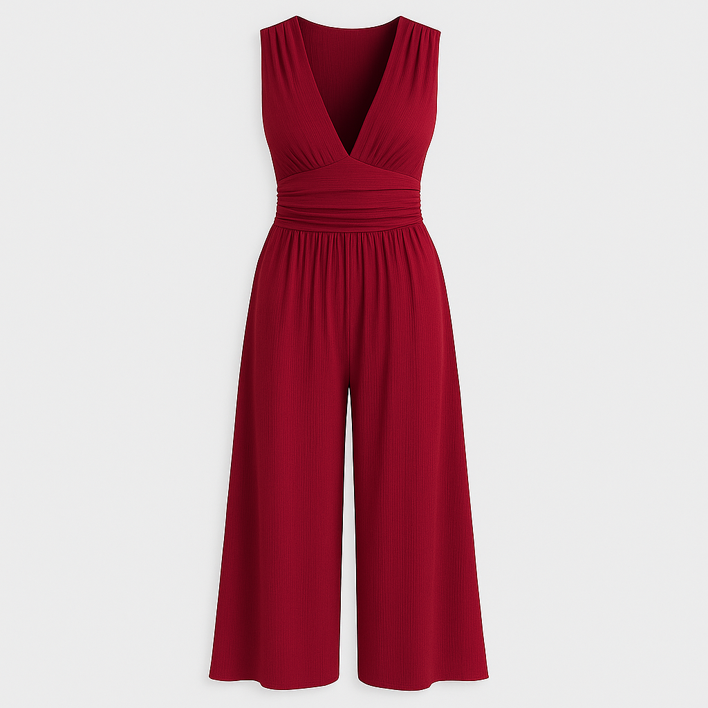 Pleated sleeveless jumpsuit with deep V-neck and wide-leg design