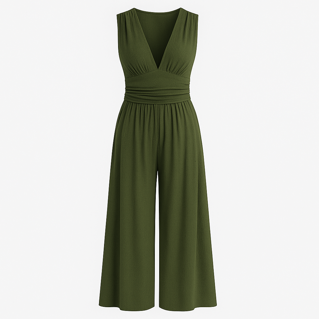 Pleated sleeveless jumpsuit with deep V-neck and wide-leg design