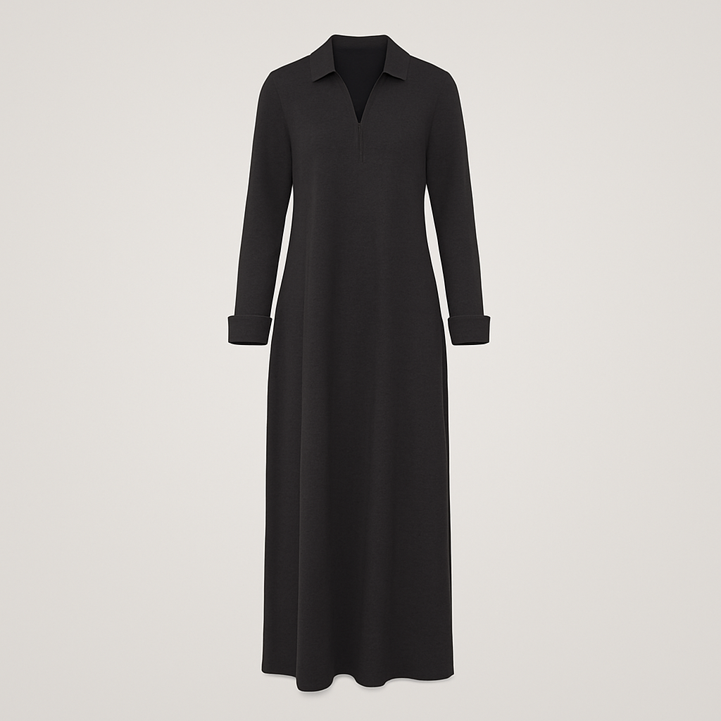 Maxi shirt dress with collared neckline, long sleeves, and side pockets, styled for modern elegant looks
