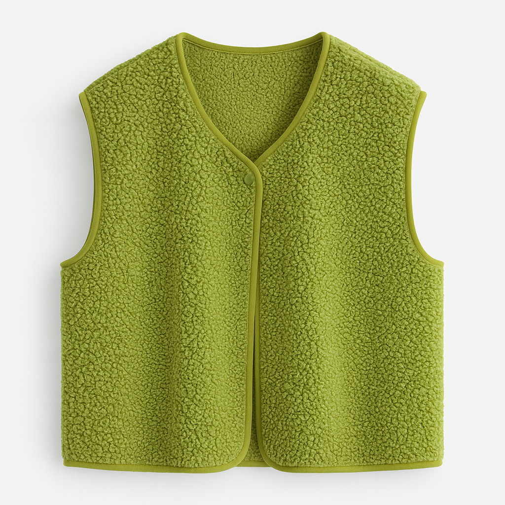 Sherpa-style fleece vest with round neck and open front design