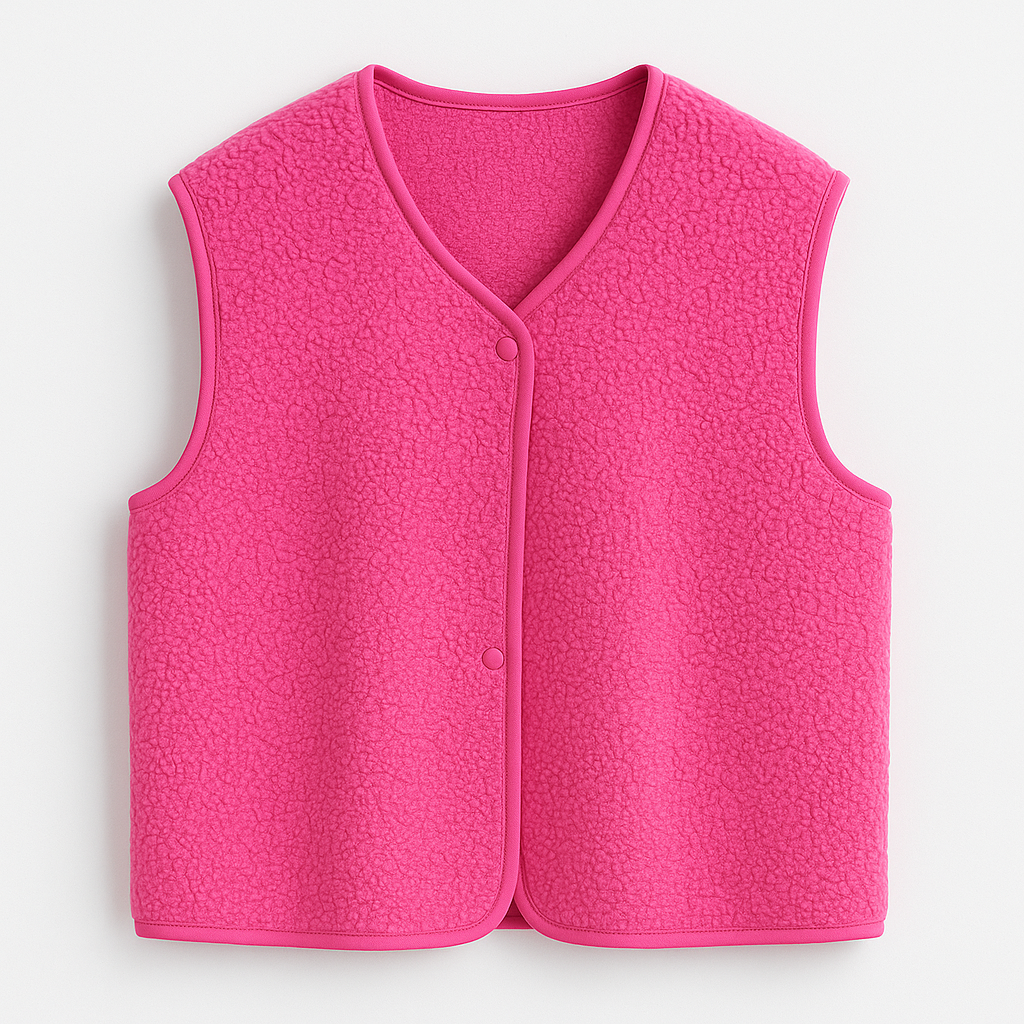 Sherpa-style fleece vest with round neck and open front design