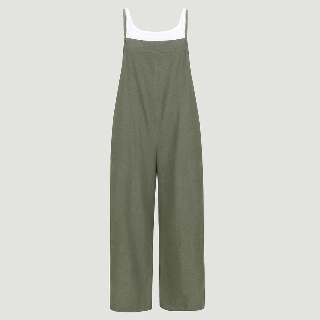 Sleeveless jumpsuit with wide straps, straight neckline, and wide-leg pants.