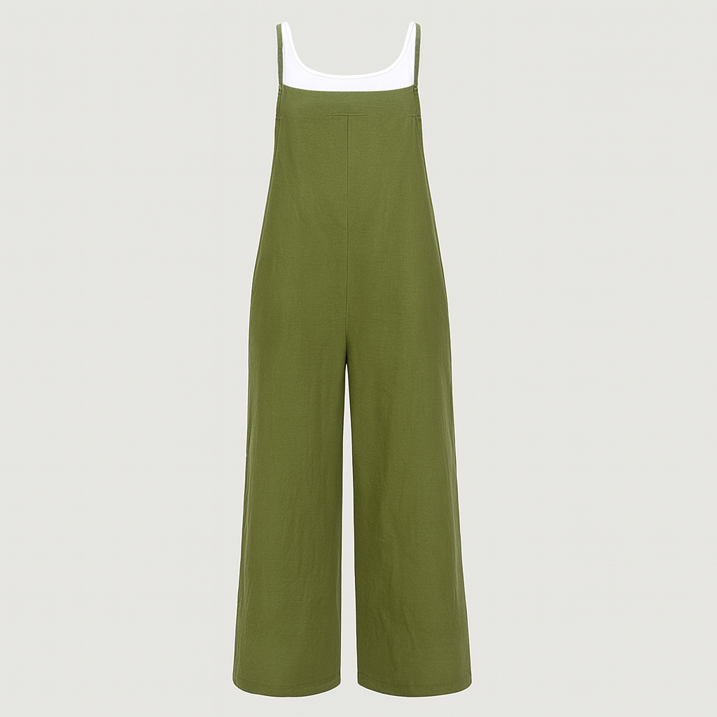 Sleeveless jumpsuit with wide straps, straight neckline, and wide-leg pants.