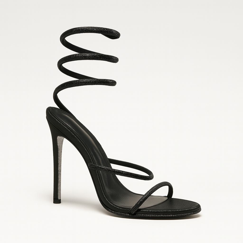 Stiletto sandal with spiral ankle wrap and minimalist strappy design