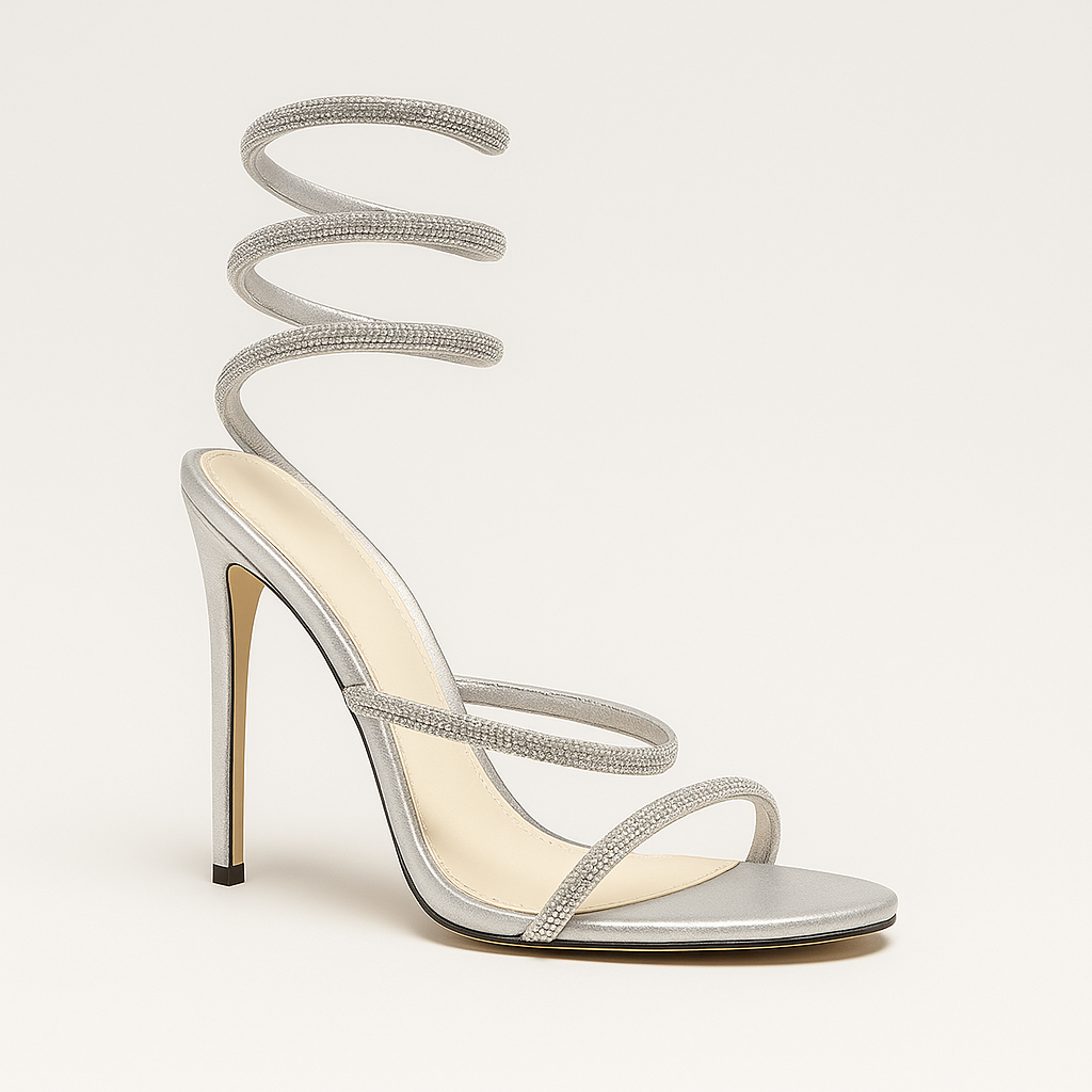 Stiletto sandal with spiral ankle wrap and minimalist strappy design