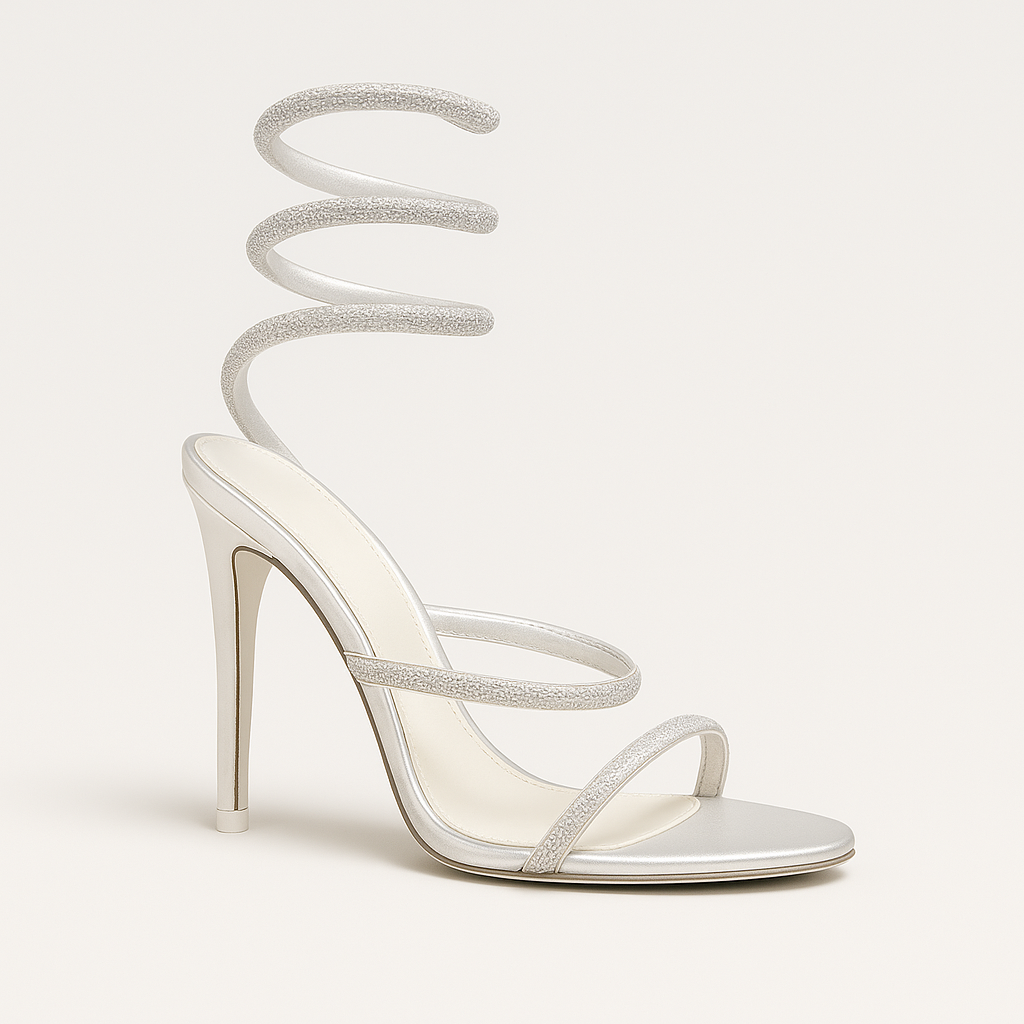 Stiletto sandal with spiral ankle wrap and minimalist strappy design