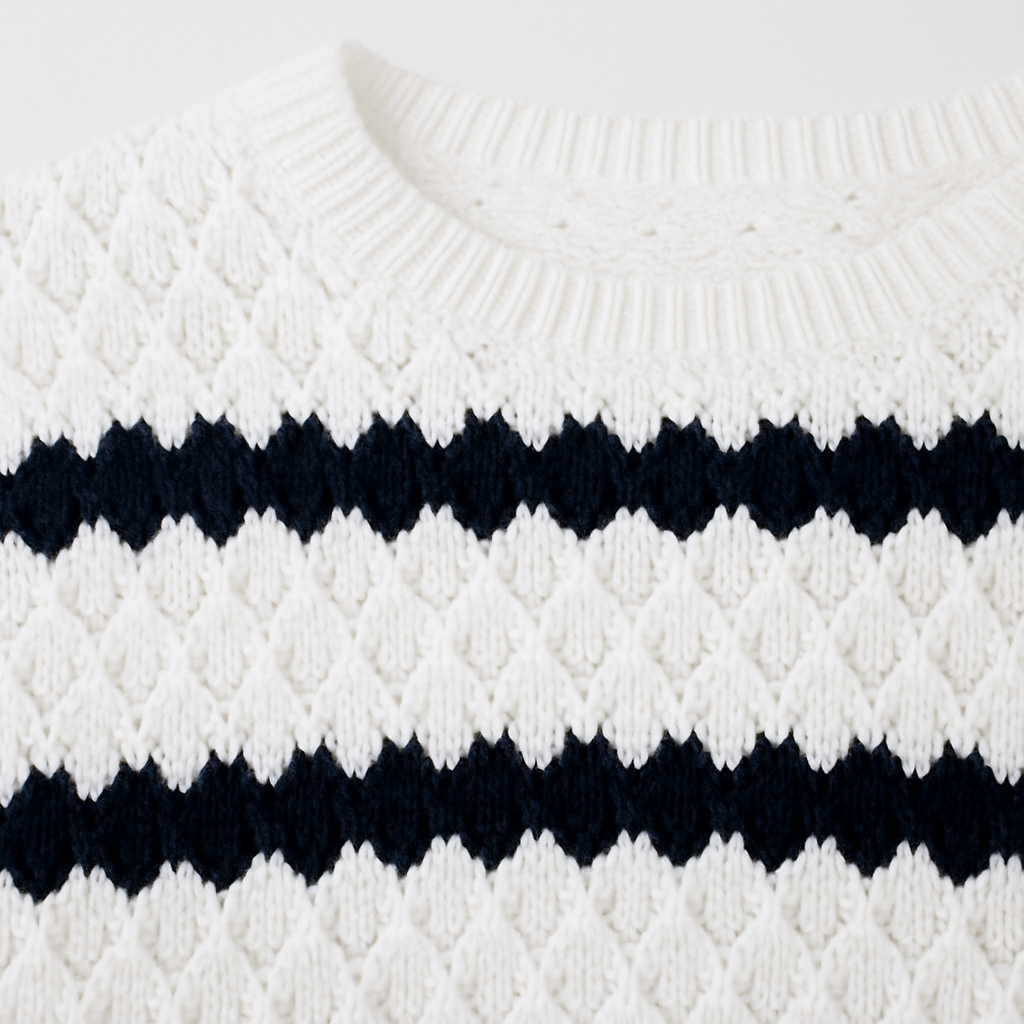 A white knit sweater with bold black zig-zag stripes, long balloon sleeves, and a ribbed crew neckline