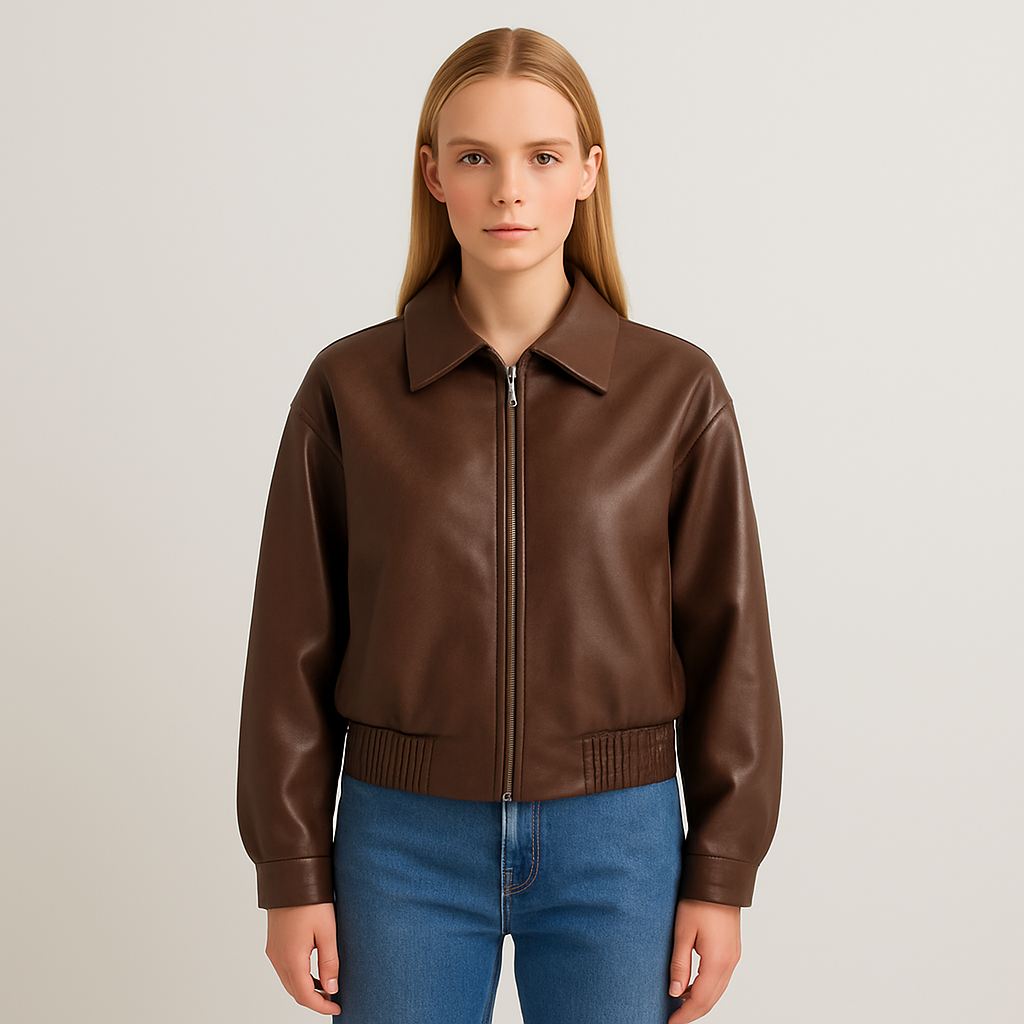 A cropped faux leather jacket with a pointed collar, zip front, and elasticated hem