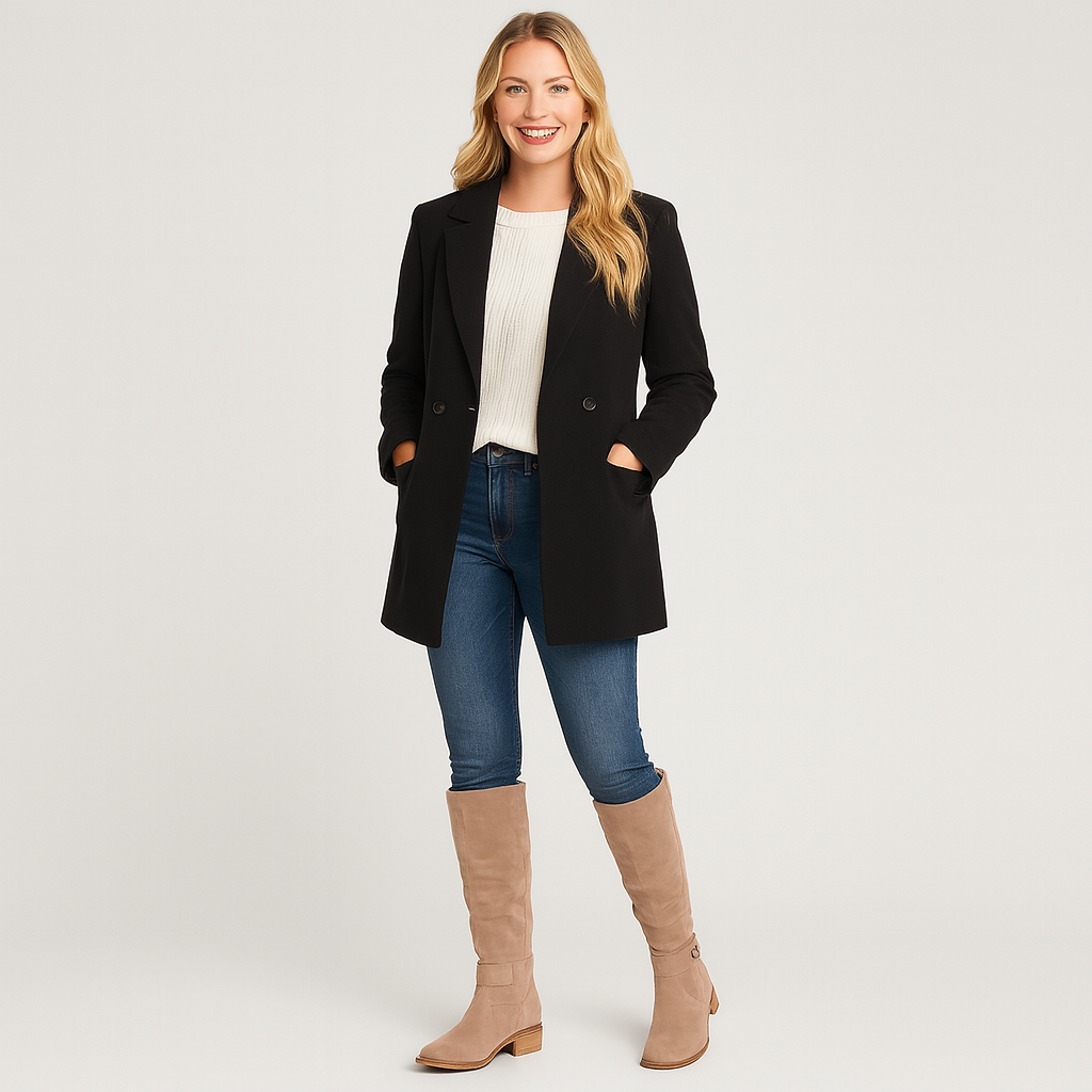 Knee-high suede boots with low block heels, side zips, and decorative straps.