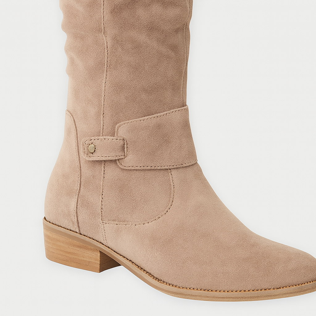 Knee-high suede boots with low block heels, side zips, and decorative straps.