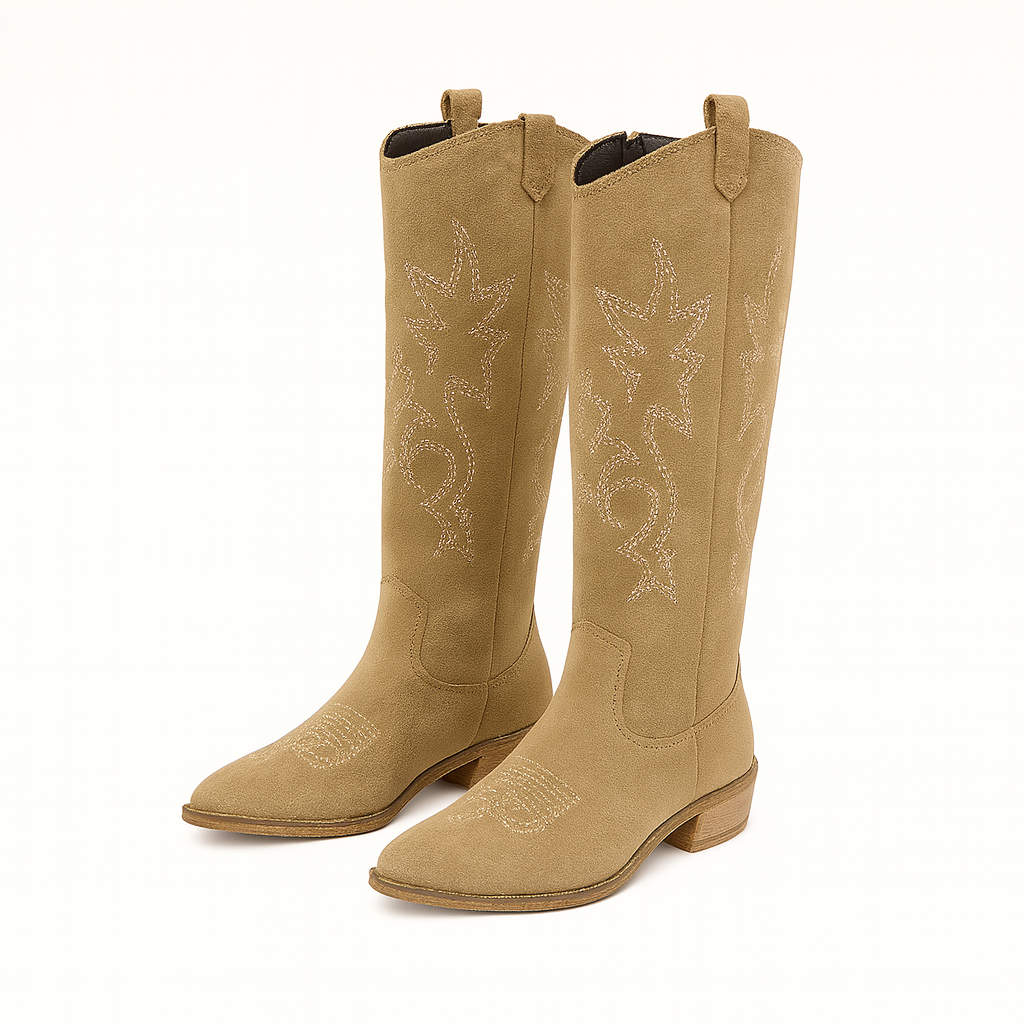 A pair of suede cowboy boots featuring decorative stitching on the shaft, pull tabs on the sides, and low stacked wooden heels. The boots have pointed toes and a classic Western-inspired silhouette.