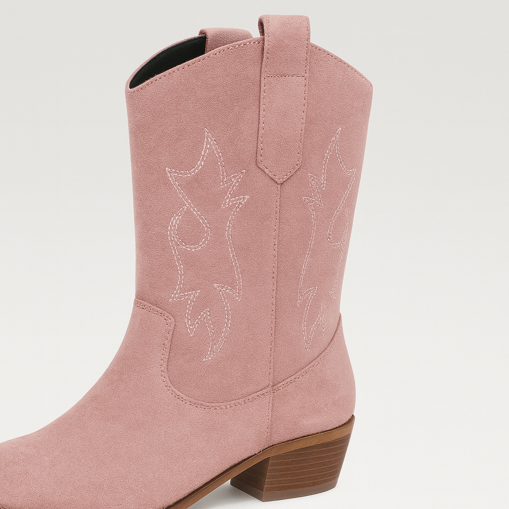 A pair of suede cowboy boots featuring decorative stitching on the shaft, pull tabs on the sides, and low stacked wooden heels. The boots have pointed toes and a classic Western-inspired silhouette.