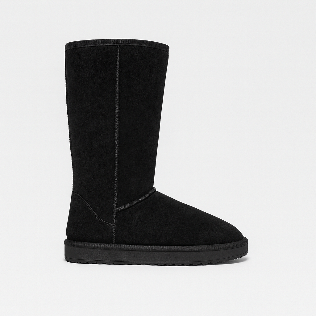 Mid-calf suede boots with round toes, flat rubber soles, and soft fleece lining.