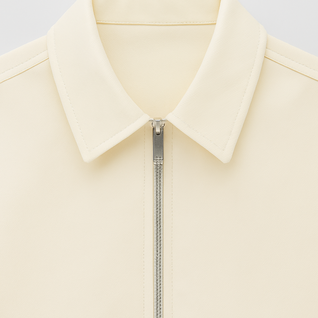 A minimalist jacket with a silver zipper front, classic shirt collar, and long sleeves.
