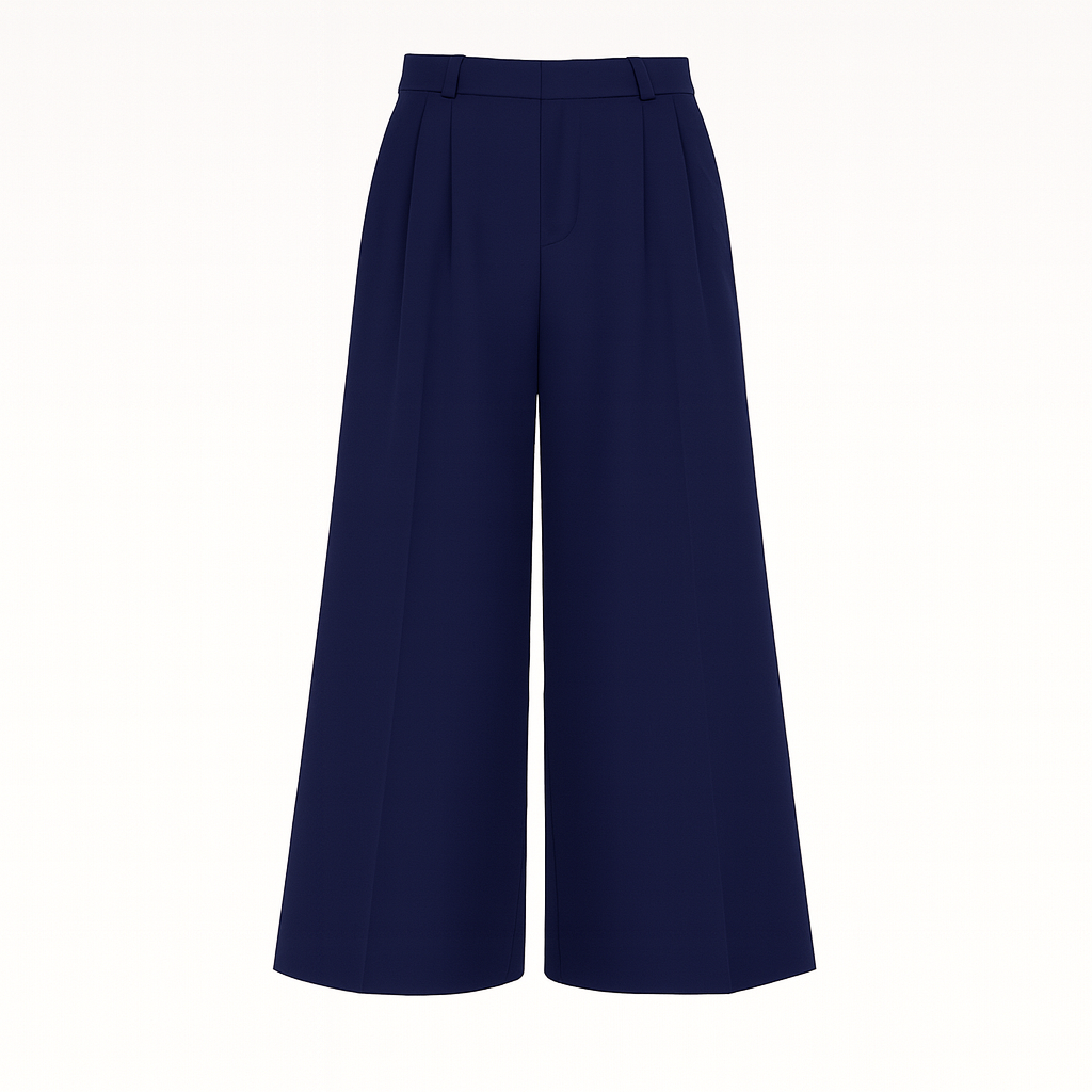 High-waisted wide-leg trousers with front pleats and side pockets, styled with a long-sleeve blouse for a polished look.