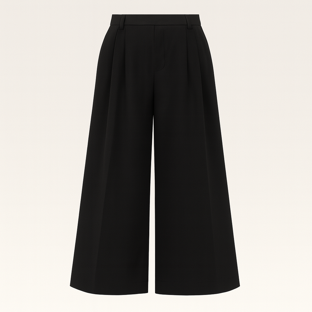 High-waisted wide-leg trousers with front pleats and side pockets, styled with a long-sleeve blouse for a polished look.