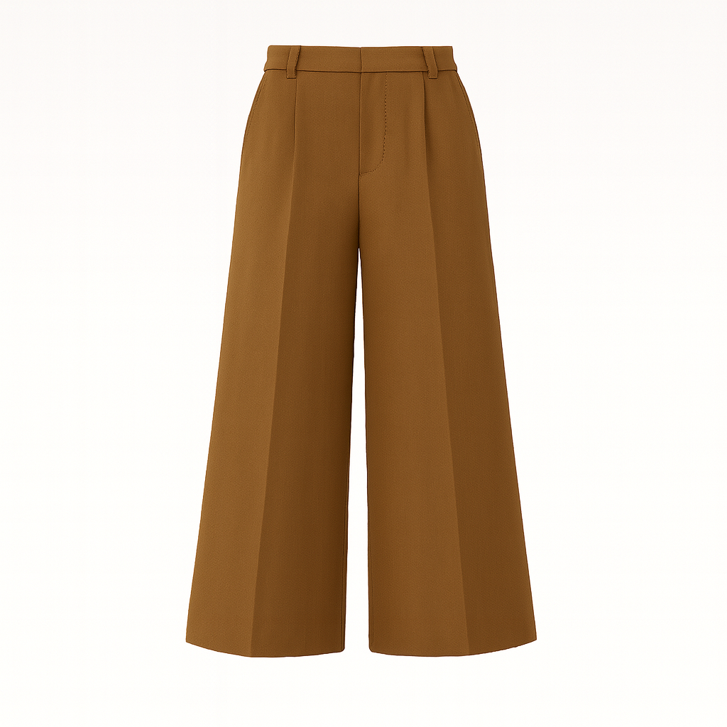 High-waisted wide-leg trousers with front pleats and side pockets, styled with a long-sleeve blouse for a polished look.