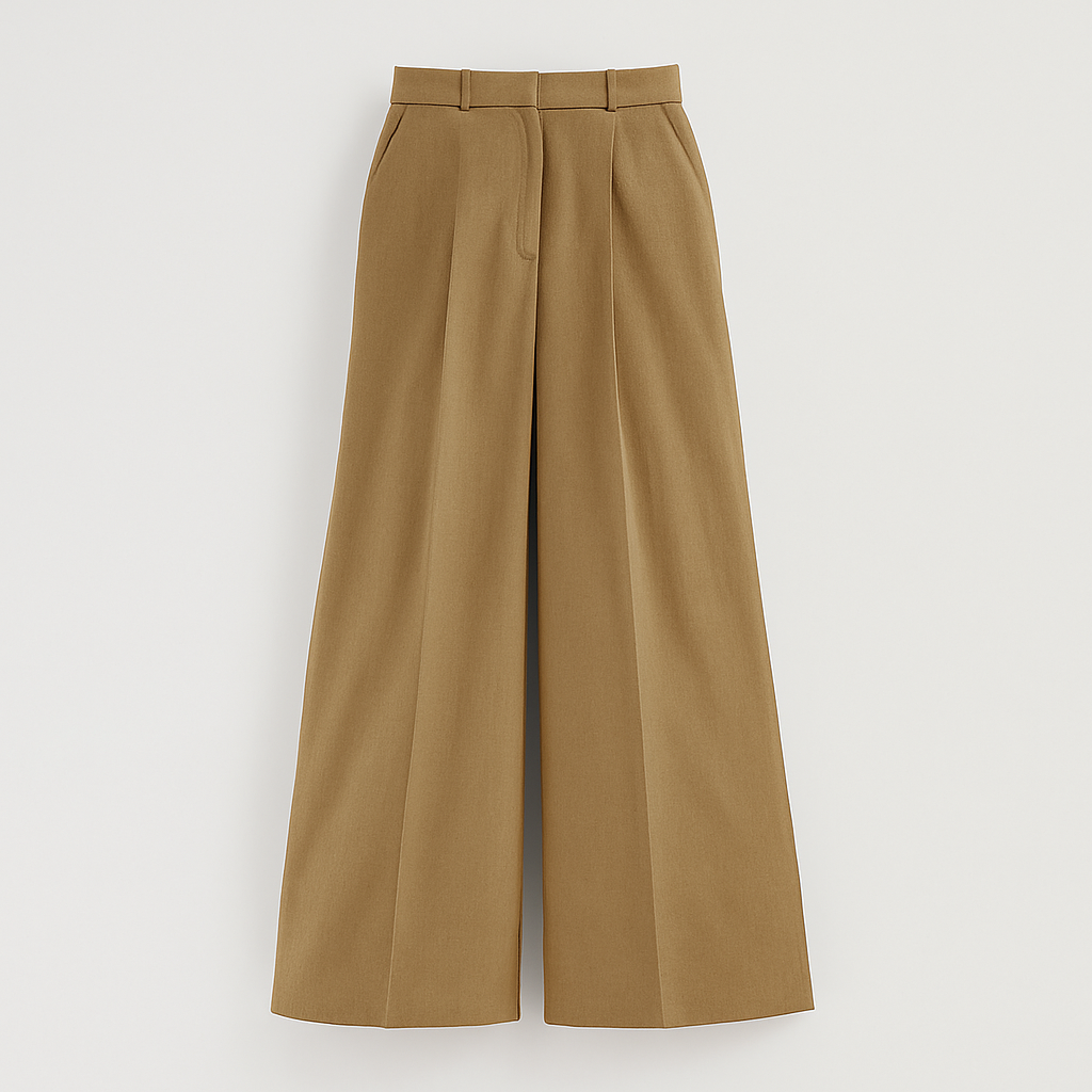 High-waisted wide-leg trousers with front pleats and side pockets, styled with a long-sleeve blouse for a polished look.