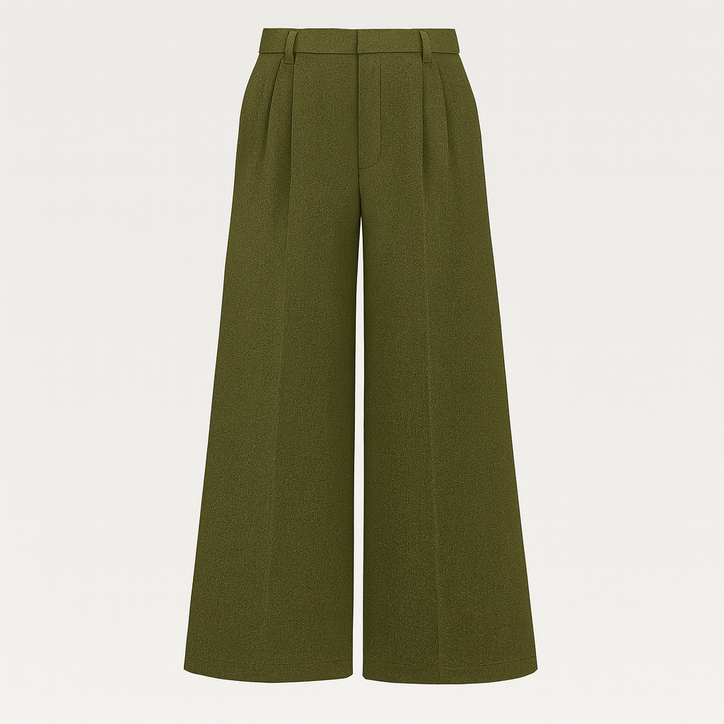 High-waisted wide-leg trousers with front pleats and side pockets, styled with a long-sleeve blouse for a polished look.