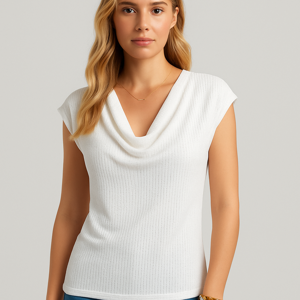 White sleeveless drape neck knit top styled with light wash denim shorts and accessories for a chic summer look