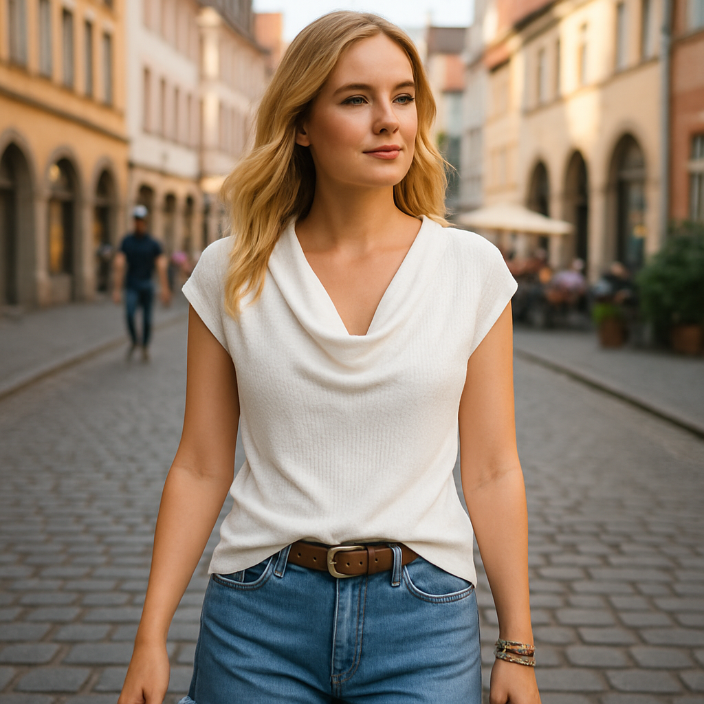 White sleeveless drape neck knit top styled with light wash denim shorts and accessories for a chic summer look