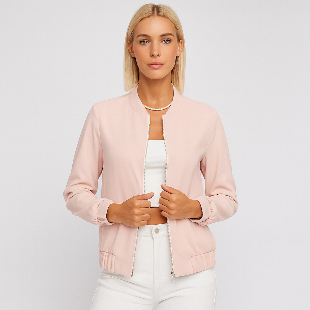 A soft bomber jacket featuring a front zip closure, ribbed cuffs, hem, and neckline. The lightweight design gives it a casual yet refined look, perfect for layering in transitional seasons.