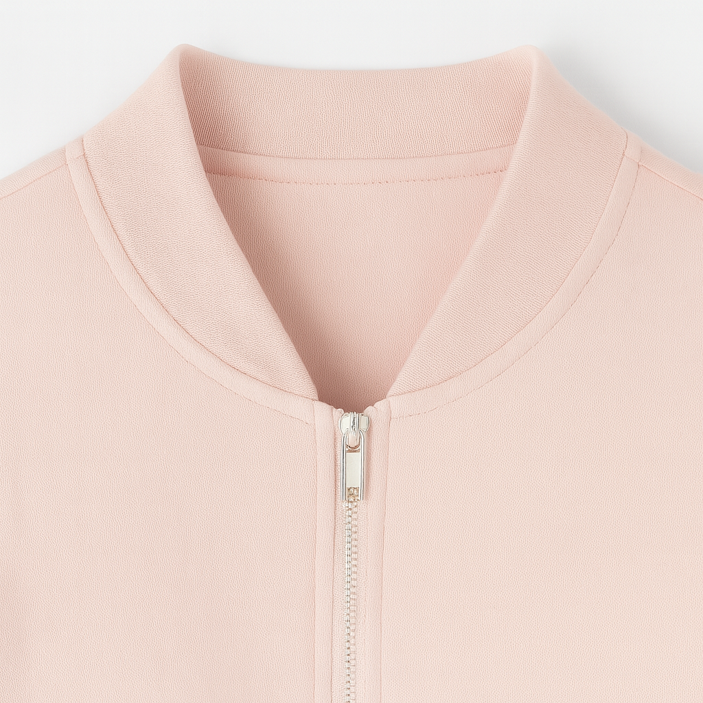 A soft bomber jacket featuring a front zip closure, ribbed cuffs, hem, and neckline. The lightweight design gives it a casual yet refined look, perfect for layering in transitional seasons.