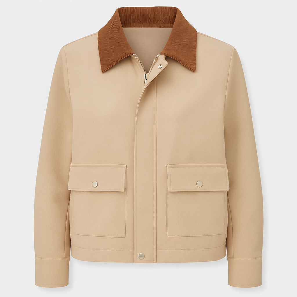 A cropped jacket with a brown corduroy collar, front zipper and snap buttons, single flap pocket, and long sleeves.