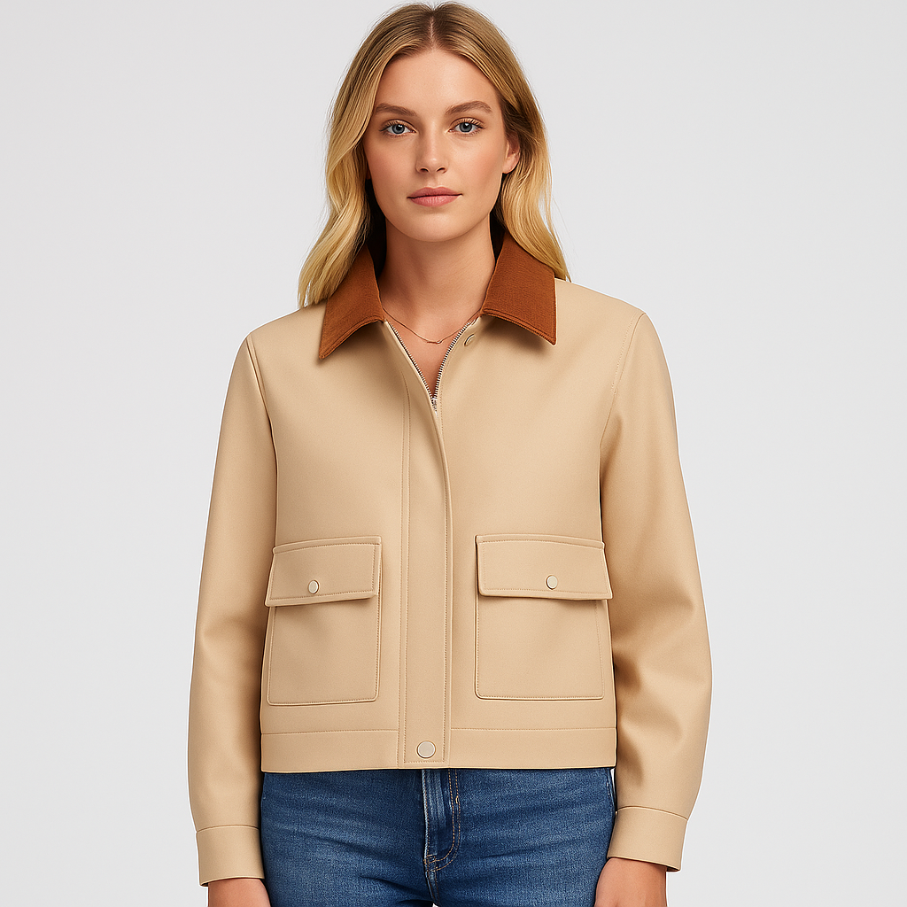 A cropped jacket with a brown corduroy collar, front zipper and snap buttons, single flap pocket, and long sleeves.