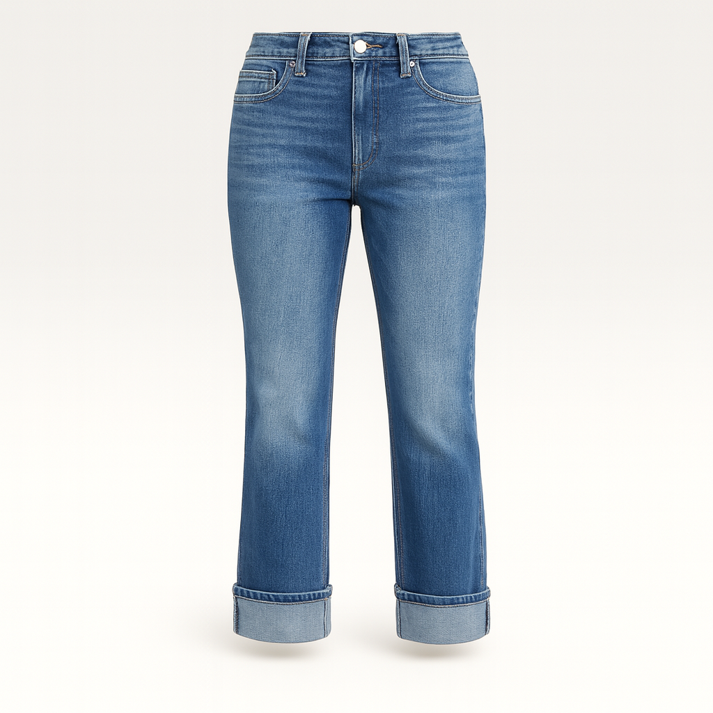 High-rise straight-leg jeans in medium-blue wash with rolled cuffs and clean faded finish, styled for modern everyday looks