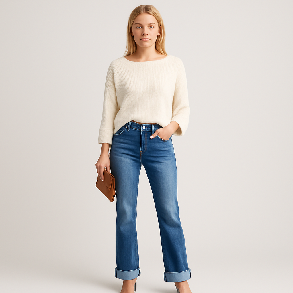 High-rise straight-leg jeans in medium-blue wash with rolled cuffs and clean faded finish, styled for modern everyday looks