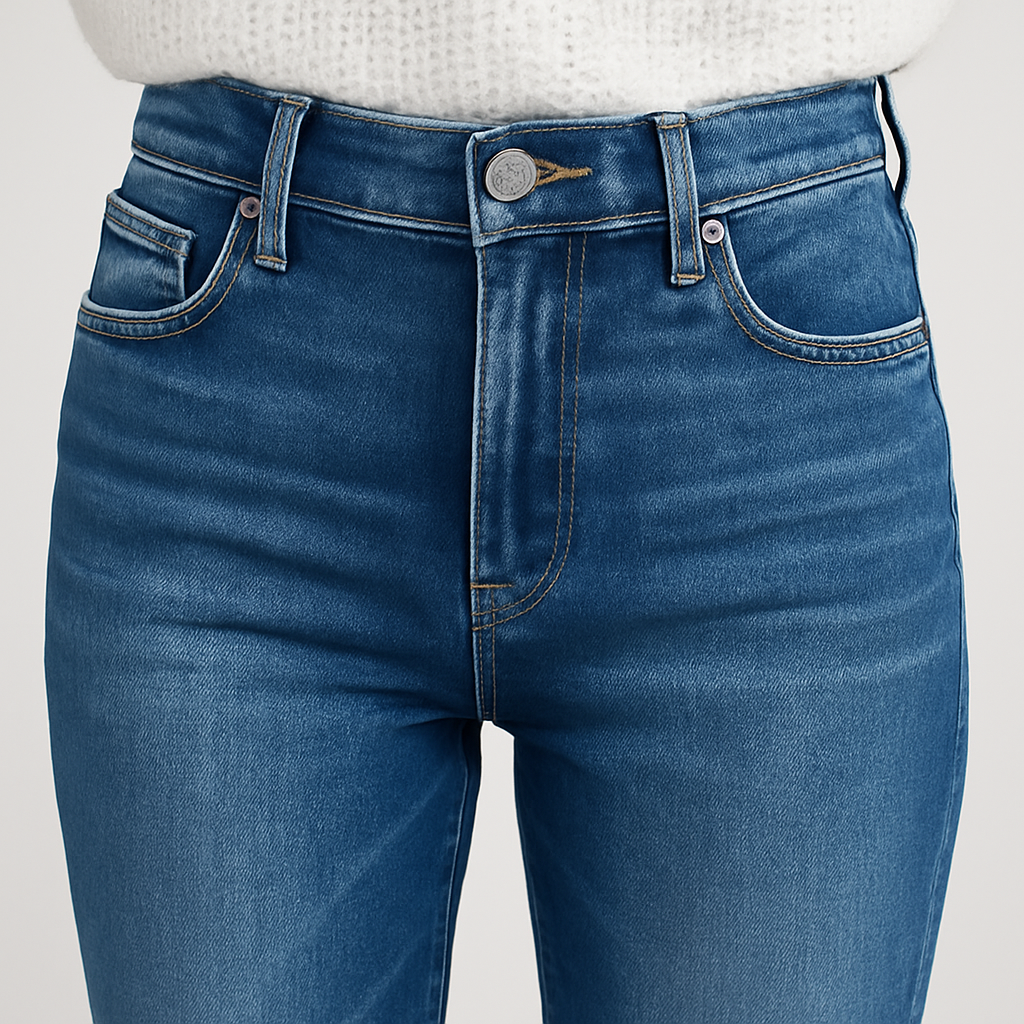 High-rise straight-leg jeans in medium-blue wash with rolled cuffs and clean faded finish, styled for modern everyday looks