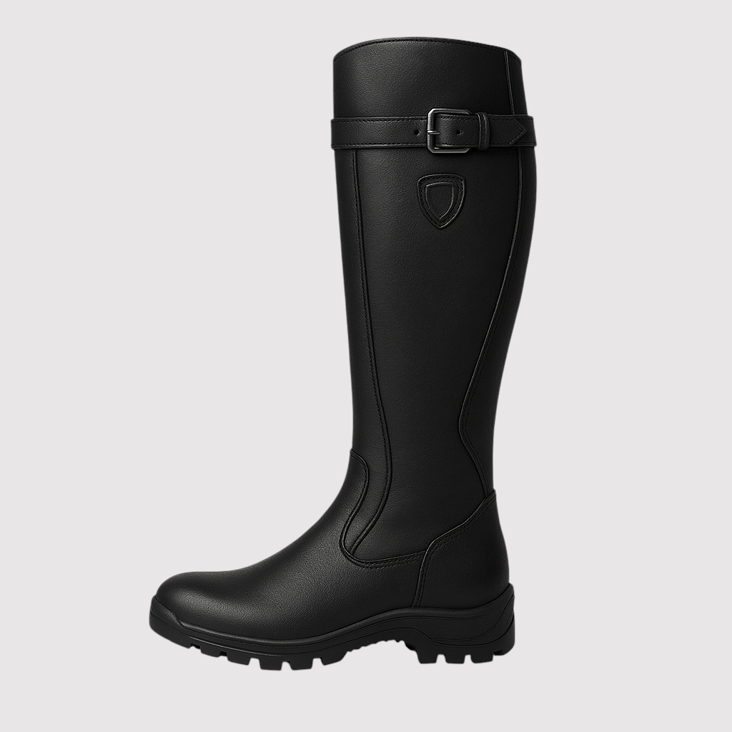 Knee-high riding boots with buckle detailing, contoured shaft, and traction sole designed for outdoor and equestrian wear