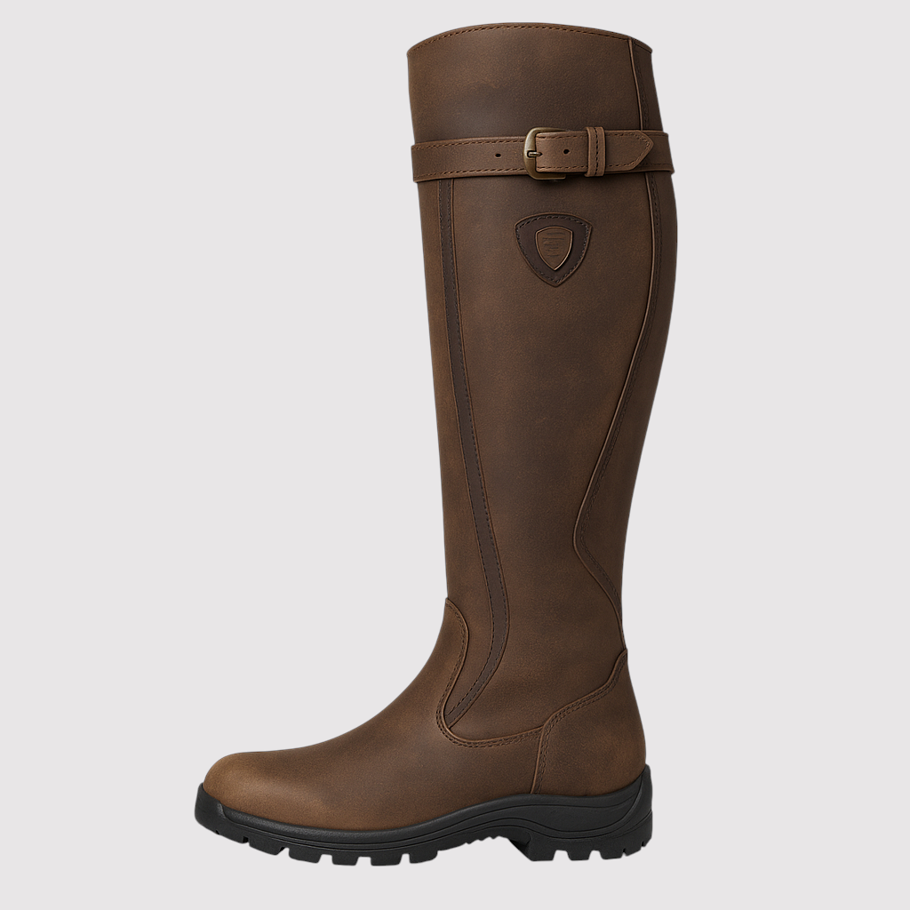 Knee-high riding boots with buckle detailing, contoured shaft, and traction sole designed for outdoor and equestrian wear