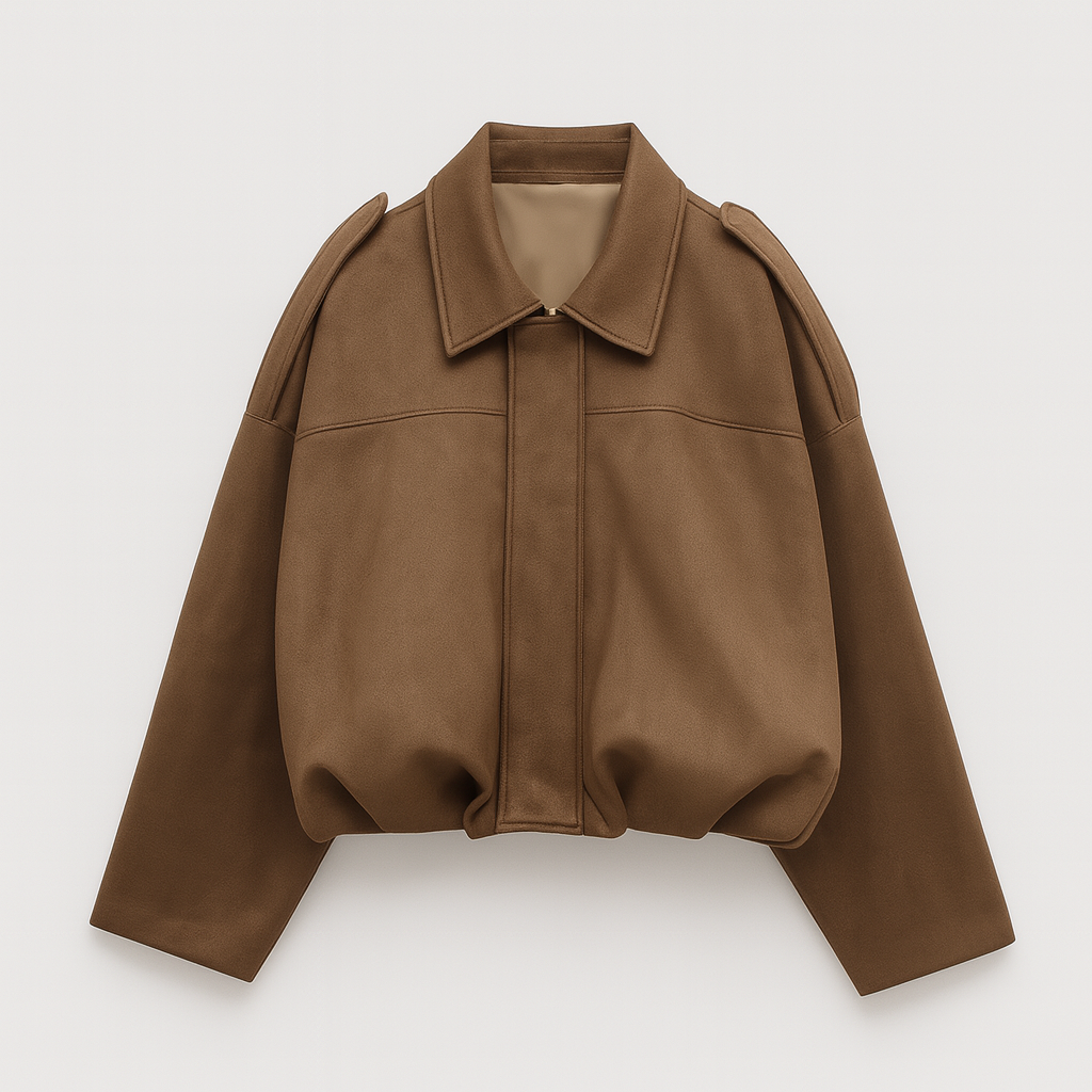 Faux suede bomber jacket with shirt collar and relaxed fit, designed for casual and contemporary layering